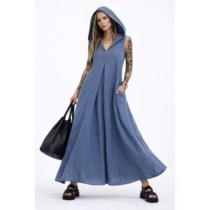 AAKASHA maxi dress 100% linen hood inverted pleat sleeveless blue lagenlook M